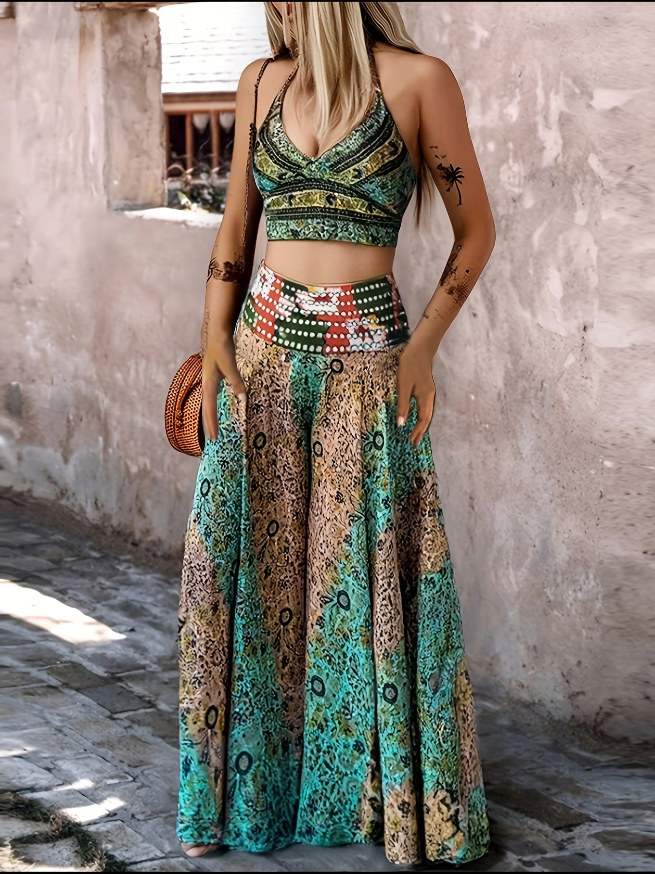 Printed Suspender Elastic Waist Skirt and Wide Leg Pants Two-Piece Set